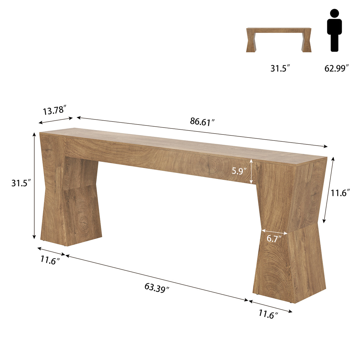 Extra Long Console Table for Living Room, Natural Oak Brown 86-Inch Entryway Table with X-Shaped Legs Wooden, Farmhouse Behind the Couch Table for Entrance, Hallway