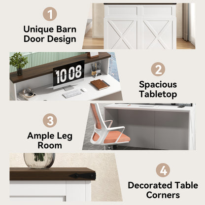 47-Inch Reception Desk with Counter, Modern Front Desk Reception Room Table, Unique Barn Door Home Design Office Receptions Desks Retail Counter for Checkout, Lobby, Beauty Salon, White