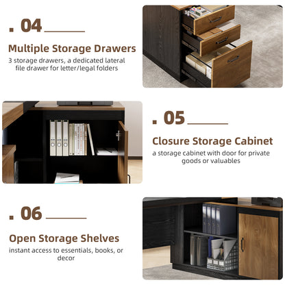 Extra Large L-Shaped Executive Desk with Drawers, Oak Brown Black 78-Inch Modern Home Office Desks with Storage Cabinets, Wooden Computer Workstation Desk for Studio
