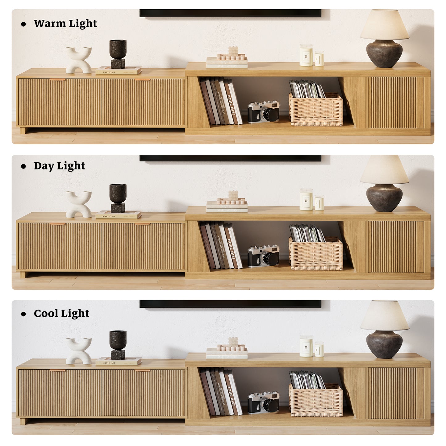 Extendable TV Console Large 64.57-98.43 Inch, Extra Long TV Stands for Living Room Flutted, Modern Oak TV Stand with 2 Drawers & Open Shelf, Light Oak