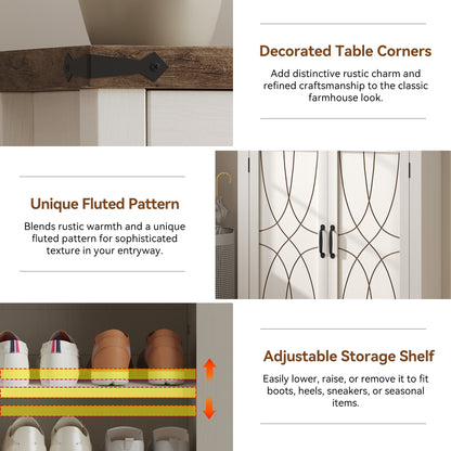 White Shoe Cabinet with Storage Shelf and Drawer for Entryway, Farmhouse 20 Pairs Freestanding Shoe Storage Organizer with 5 Tier Adjustable Shelves for Closet Living Room Hallway, Brown White