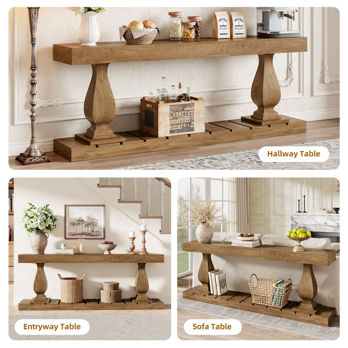 70 Inch Wood Console Table for Entryway, Extra Long Sofa Table Behind Couch, Rustic Farmhouse Entry Style with Bottom Shelf and Vintage Curved Legs for Living Room, Hallway