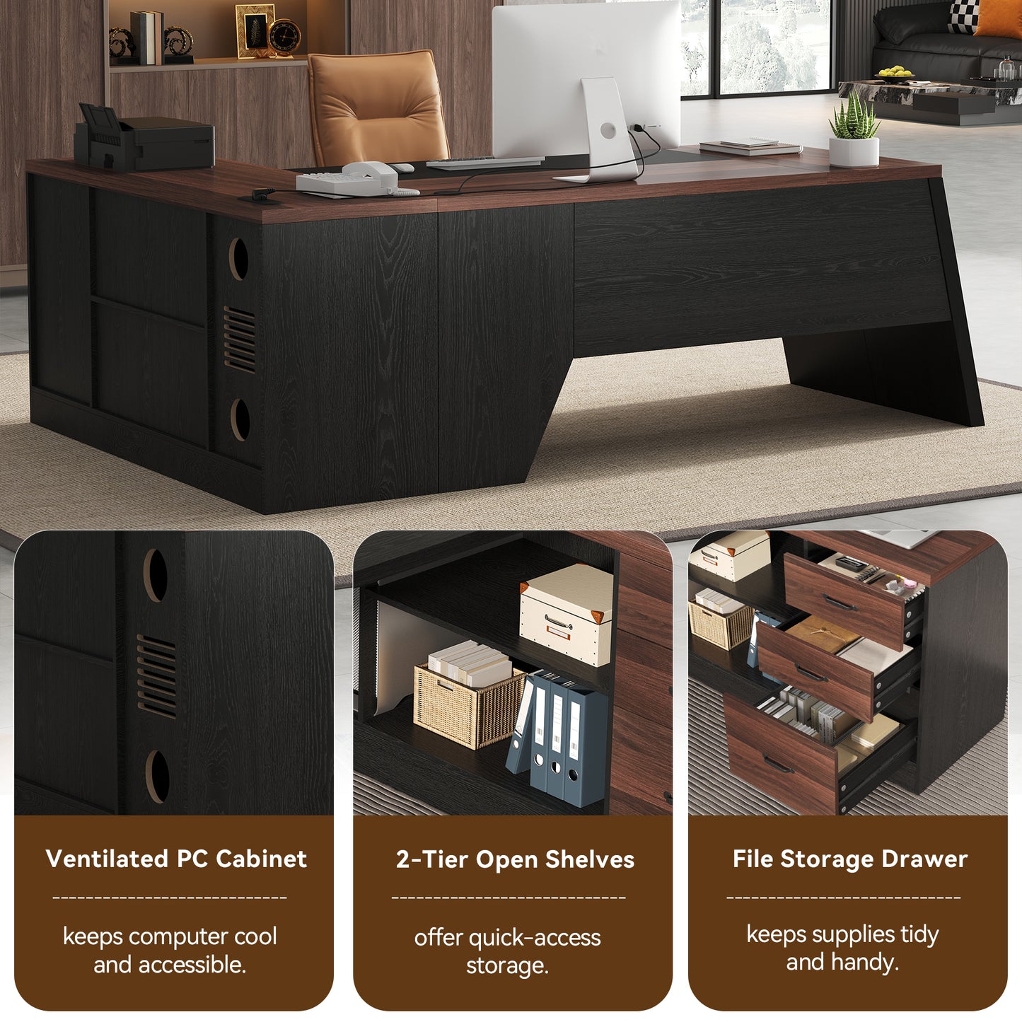 L-Shaped Executive Desk with Power Outlet, 78-Inch Large Office Desk with Storage Drawer and Lateral File Cabinet, Modern Computer Table with Open Shelf and PC Stand for Home Office Study, Brown Black