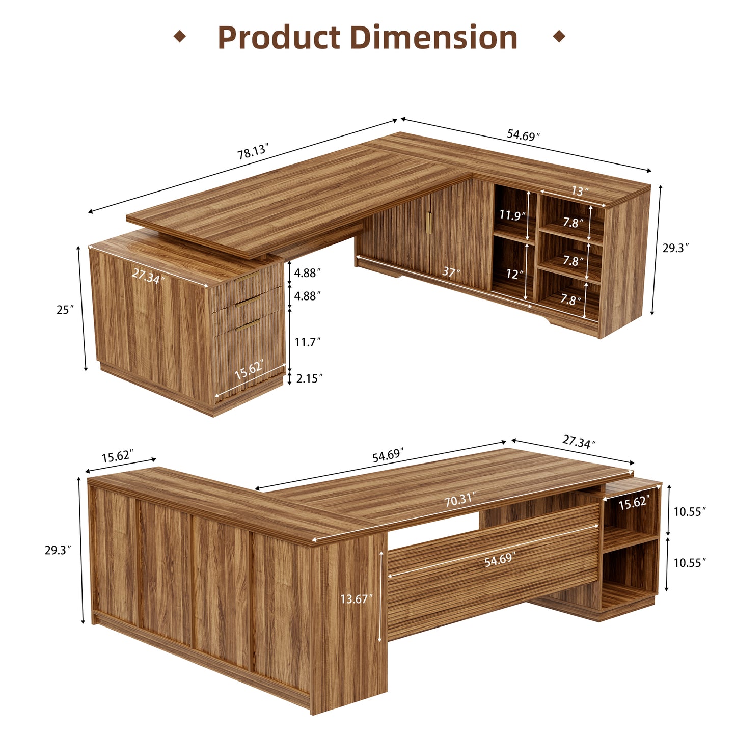78 Inch L-Shaped Executive Desk with Drawer, Large Home Office Desk with File Cabinet, Modern Fluted Computer Table with Storage Open Shelves, Wood Business Furniture for Boss, Oak Brown