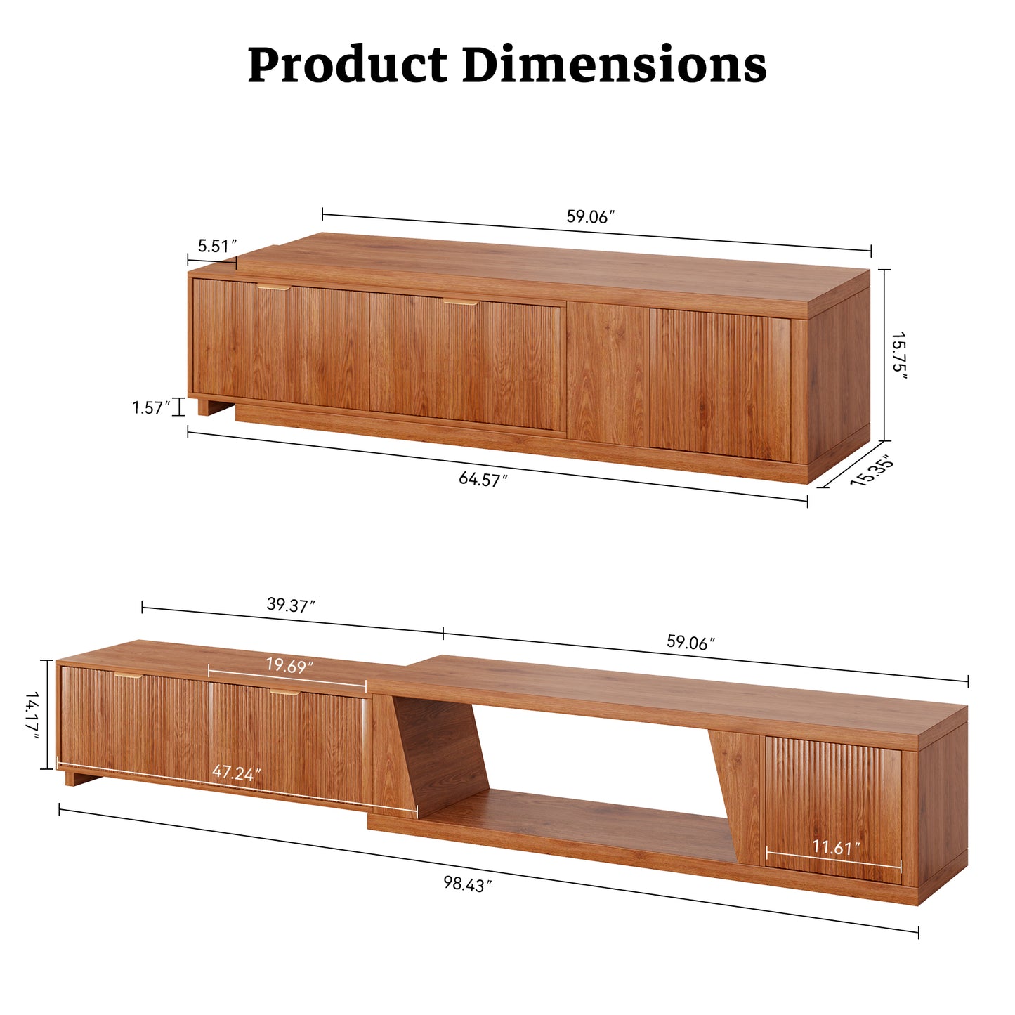 Epecoya Extendable TV Stand with Storage Cabinet Wooden, Mid Century Modern TV Stand with Adjustable Shelf and Drawers, Extra Long TV Stands for Living Room Fluted, Warm Brown Oak (64.57" W-98.43" W)