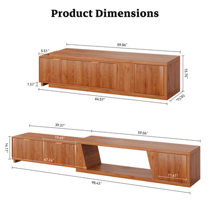 Epecoya Extendable TV Stand with Storage Cabinet Wooden, Mid Century Modern TV Stand with Adjustable Shelf and Drawers, Extra Long TV Stands for Living Room Fluted, Warm Brown Oak (64.57" W-98.43" W)