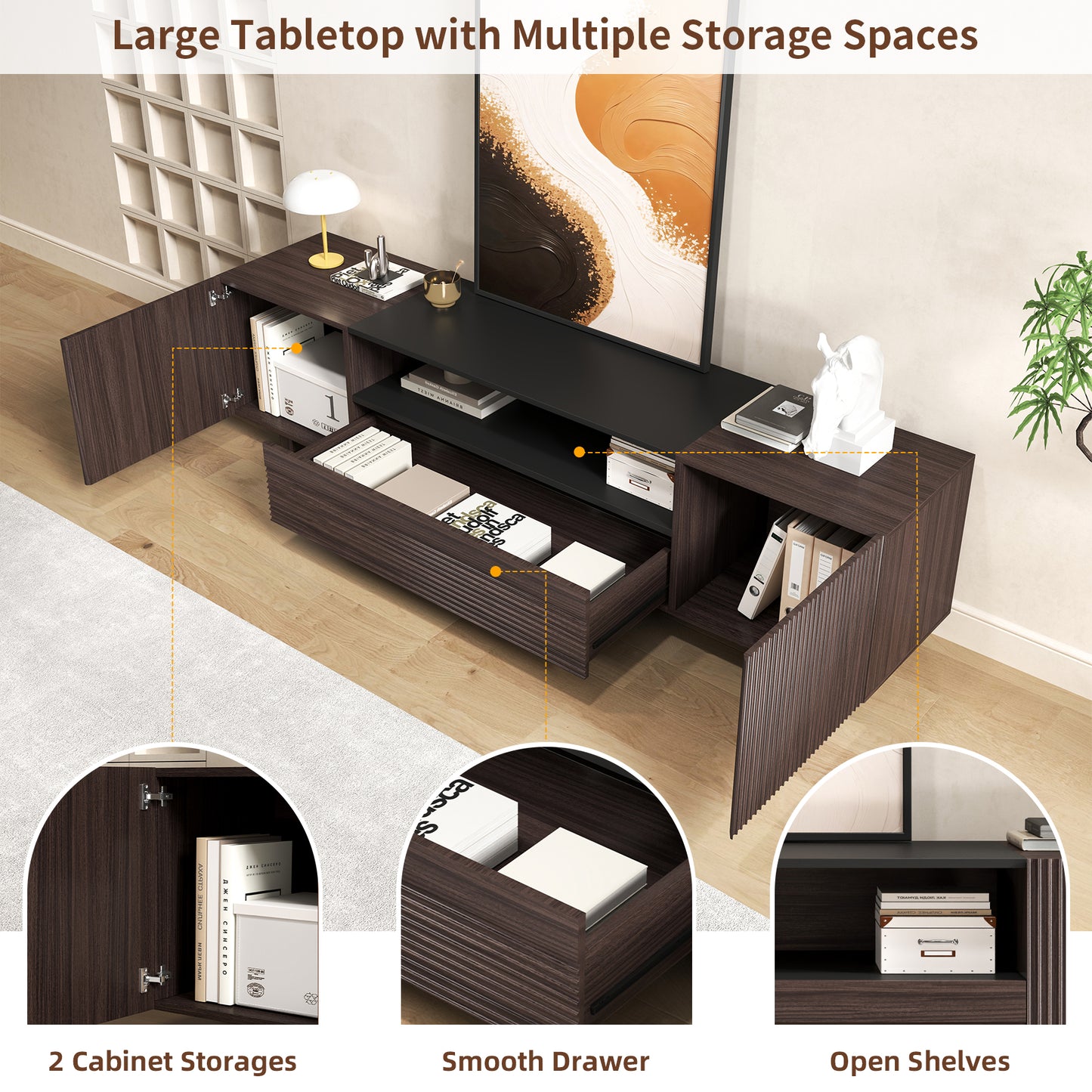 Epecoya TV Stand with Storage Cabinets for Living Room, Modern Wood Fluted TVs Media Console for 55/60/65 Inch TVs, Mid Century Television Stands with Drawer and Open Shelve for Bedroom, Dark Walnut