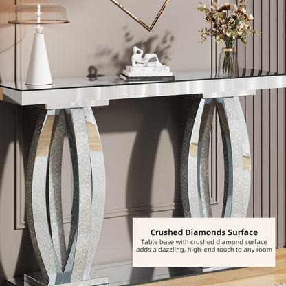 47-Inch Modern Mirrored Console Table with Crushed Diamond Finish for Living Room Entryway, Contemporary Mirror Sofa Tables with Silver Glass Top for Hallway Behind Couch, Silver