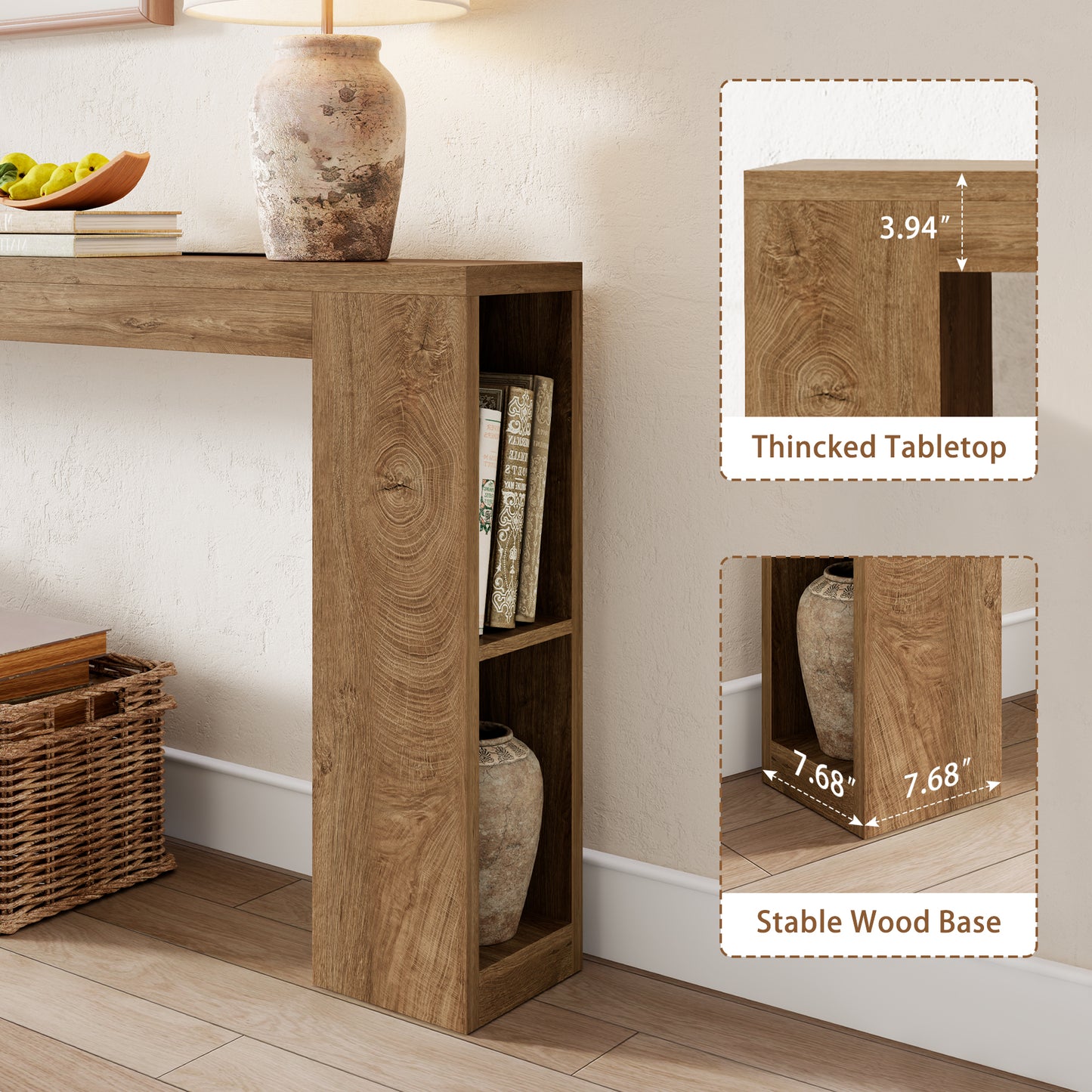 94.5-Inch Extra Long Console Table with USB Outlet & Storage, Narrow Sofa Behind Couch Table with Charging Station, Farmhouse Wood Entryway Table for Hallway Foyer Living Room, Oak Brown