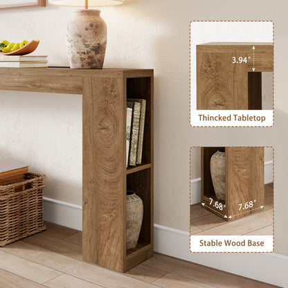 94.5-Inch Extra Long Console Table with USB Outlet & Storage, Narrow Sofa Behind Couch Table with Charging Station, Farmhouse Wood Entryway Table for Hallway Foyer Living Room, Oak Brown