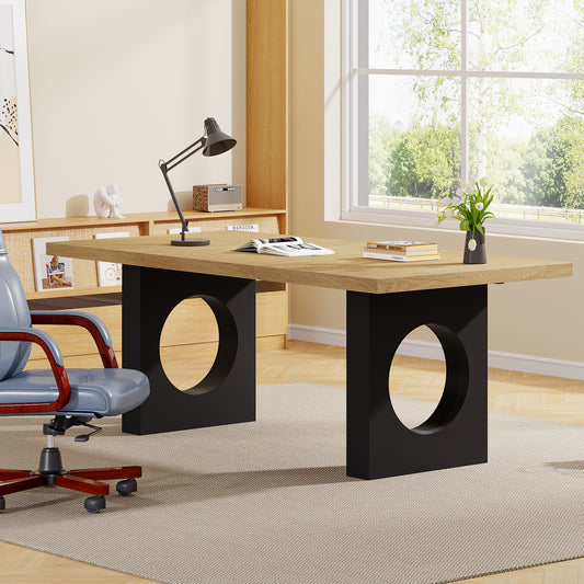 70.9-Inch Executive Computer Desk for Home Office, Modern Simple Large Office Desks Laptop Workstation, Writing Table with Wide Wood Tabletop and Painted Sled Base for Study, Black Brown Oak