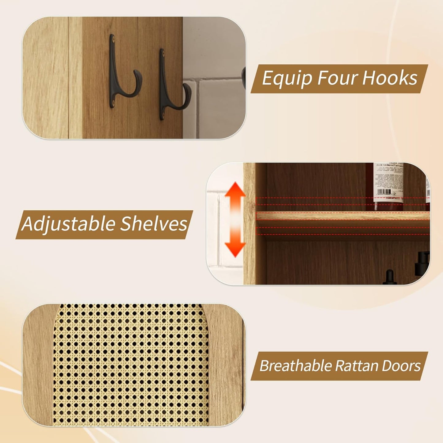 66-Inch Bathroom Storage Cabinet with Rattan Doors for Toilet, Tall Narrow Bath Room Organizer Space-Saving Floor Cabinets with Adjustable Shelves and 4 Hooks for Restroom, Small Spaces, Brown