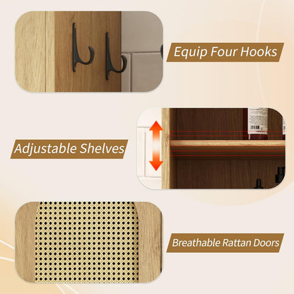 66-Inch Bathroom Storage Cabinet with Rattan Doors for Toilet, Tall Narrow Bath Room Organizer Space-Saving Floor Cabinets with Adjustable Shelves and 4 Hooks for Restroom, Small Spaces, Brown