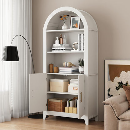 69-Inch Arched Bookcase with Fluted Doors and Open Storage Shelves for Living Room, Modern 5-Tier Tall Bookshelf Floor Standing Display Unit with Storage Cabinet for Home Office, Study, White