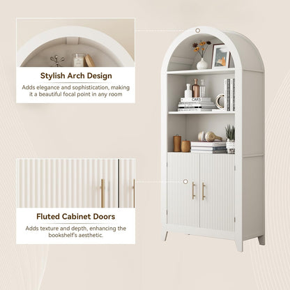 69-Inch Arched Bookcase with Fluted Doors and Open Storage Shelves for Living Room, Modern 5-Tier Tall Bookshelf Floor Standing Display Unit with Storage Cabinet for Home Office, Study, White