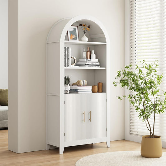 69-Inch Arched Bookcase with Fluted Doors and Open Storage Shelves for Living Room, Modern 5-Tier Tall Bookshelf Floor Standing Display Unit with Storage Cabinet for Home Office, Study, White