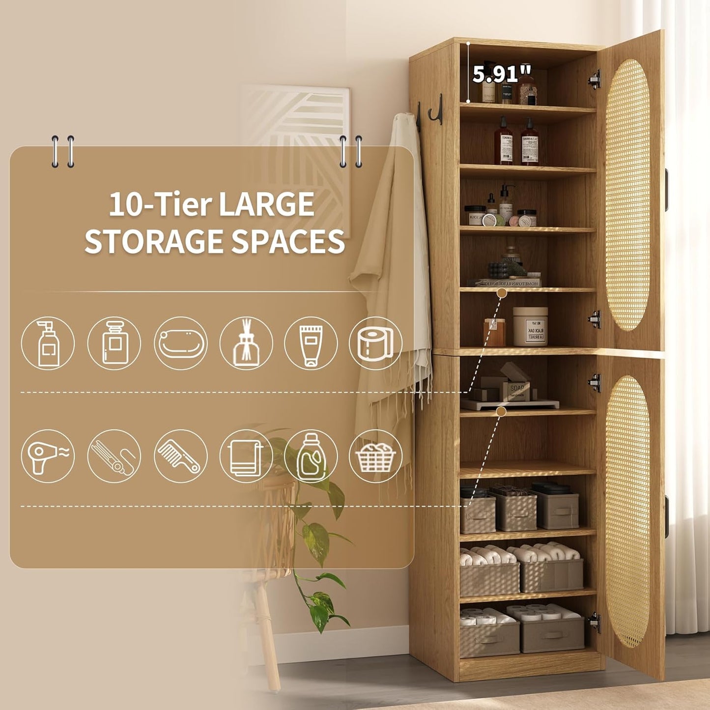 66-Inch Bathroom Storage Cabinet with Rattan Doors for Toilet, Tall Narrow Bath Room Organizer Space-Saving Floor Cabinets with Adjustable Shelves and 4 Hooks for Restroom, Small Spaces, Brown