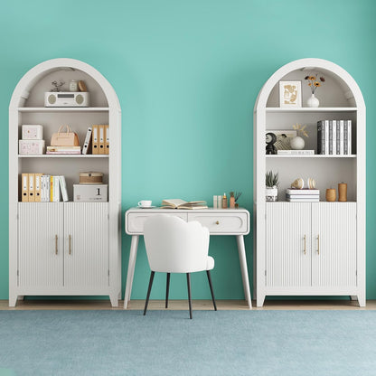 69-Inch Arched Bookcase with Fluted Doors and Open Storage Shelves for Living Room, Modern 5-Tier Tall Bookshelf Floor Standing Display Unit with Storage Cabinet for Home Office, Study, White