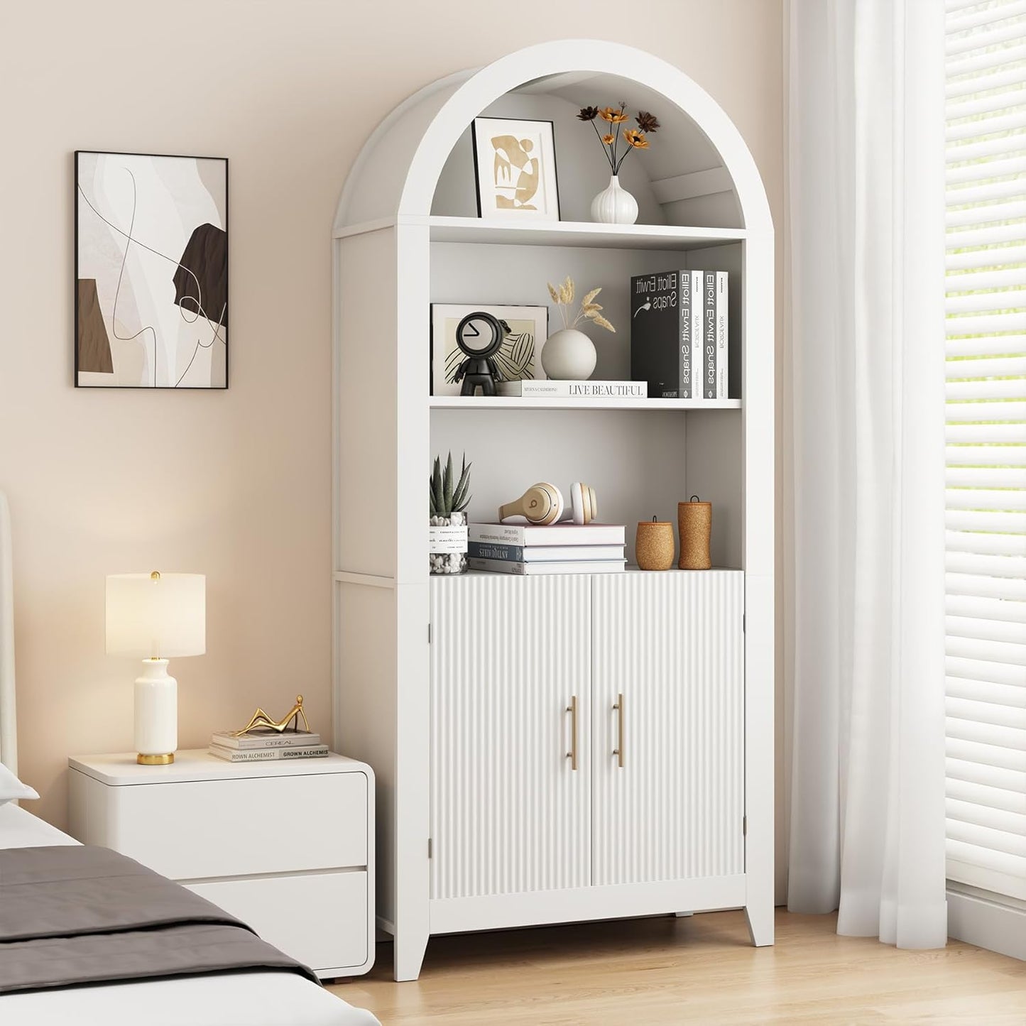 69-Inch Arched Bookcase with Fluted Doors and Open Storage Shelves for Living Room, Modern 5-Tier Tall Bookshelf Floor Standing Display Unit with Storage Cabinet for Home Office, Study, White