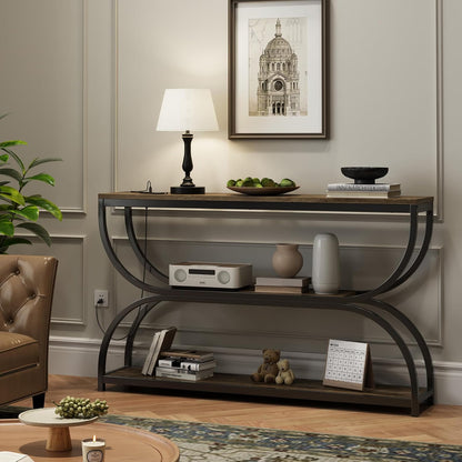 55-Inch Console Table with Power Outlet for Entryway, Industrial 3-Tier Sofa Tables with Wood Storage Shelves and Sturdy Metal Frame for Living Room, Behind Couch, Hallway, Black Rustic Brown
