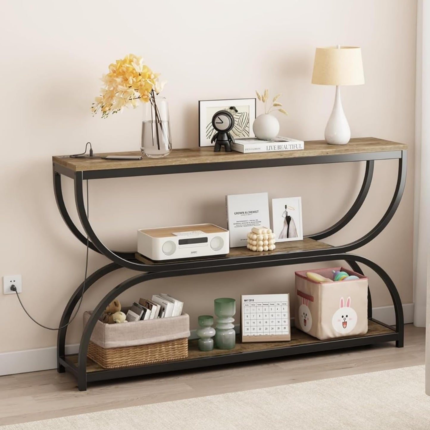 55-Inch Console Table with Power Outlet for Entryway, Industrial 3-Tier Sofa Tables with Wood Storage Shelves and Sturdy Metal Frame for Living Room, Behind Couch, Hallway, Black Rustic Brown