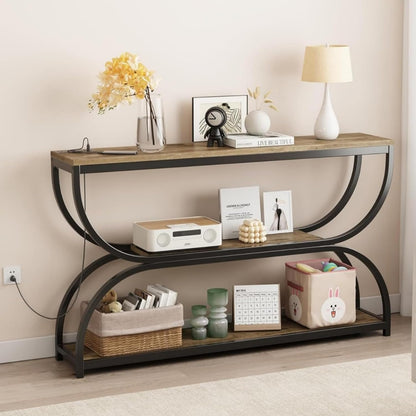 55-Inch Console Table with Power Outlet for Entryway, Industrial 3-Tier Sofa Tables with Wood Storage Shelves and Sturdy Metal Frame for Living Room, Behind Couch, Hallway, Black Rustic Brown