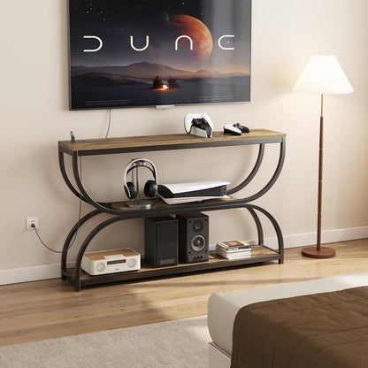 55-Inch Console Table with Power Outlet for Entryway, Industrial 3-Tier Sofa Tables with Wood Storage Shelves and Sturdy Metal Frame for Living Room, Behind Couch, Hallway, Black Rustic Brown