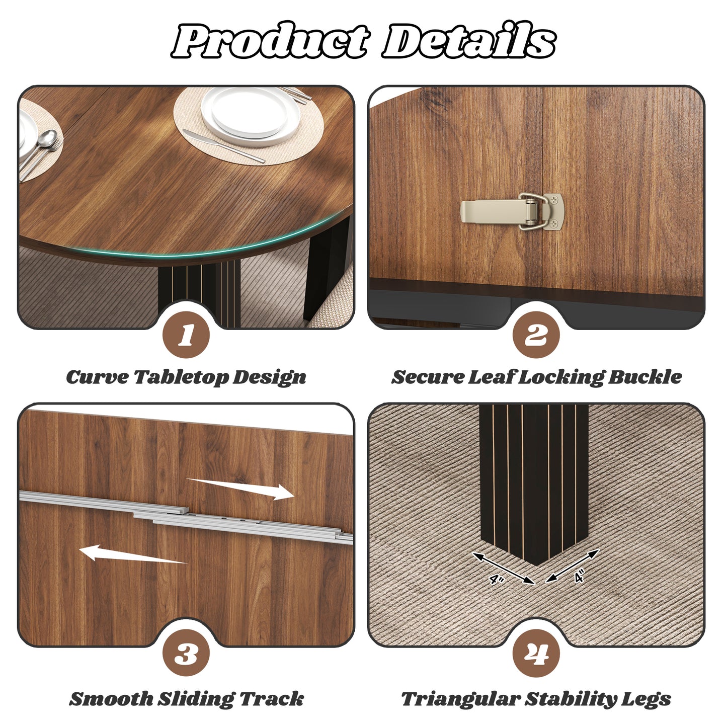 Extendable Dining Table for 4-8 People, 43”-78” Wooden Expandable Round Kitchen Table with 2 Leafs, Space Saving Farmhouse Oval Dining Room Tables for Living Room Apartment, Walnut&Black