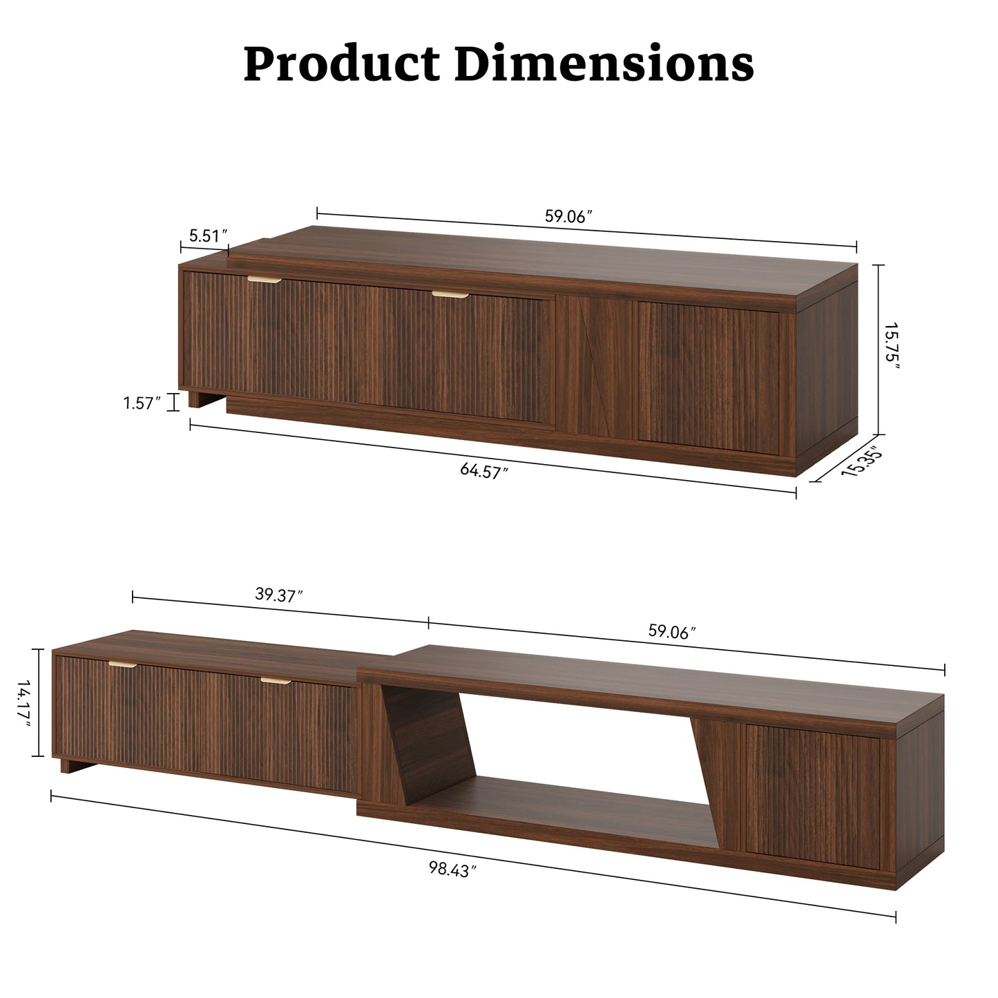 98-Inch TV Stand Extendable for Living Room, Extra Long TV Console with Storage Cabinets and Adjustable Shelf, Mid Century Modern TV Stand Flutted, Walnut Brown (64.57" W-98.43" W)