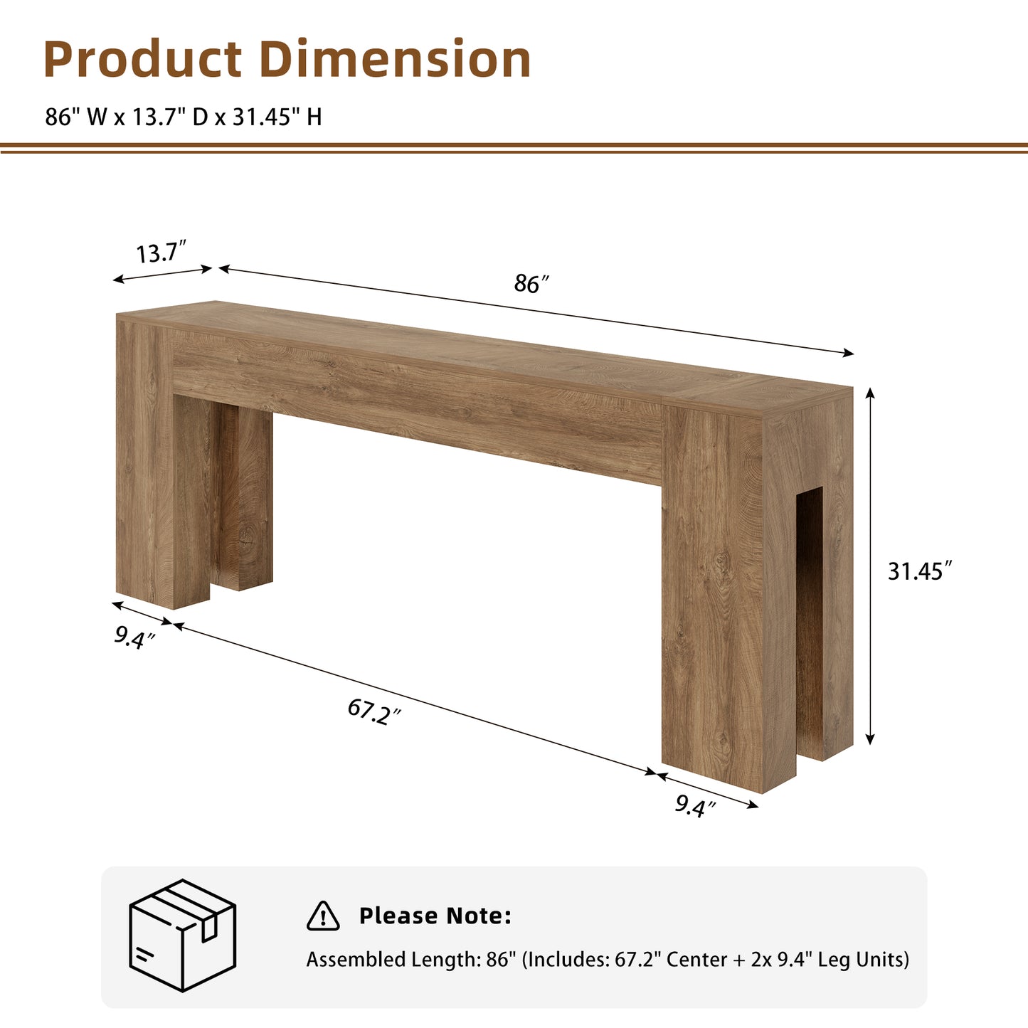 86-Inch Extra Long Console Table, Farmhouse Wood Entryway Table, Large Sofa Table Behind Couch for Hallway Entrance Living Room Accent, Natural Oak Brown
