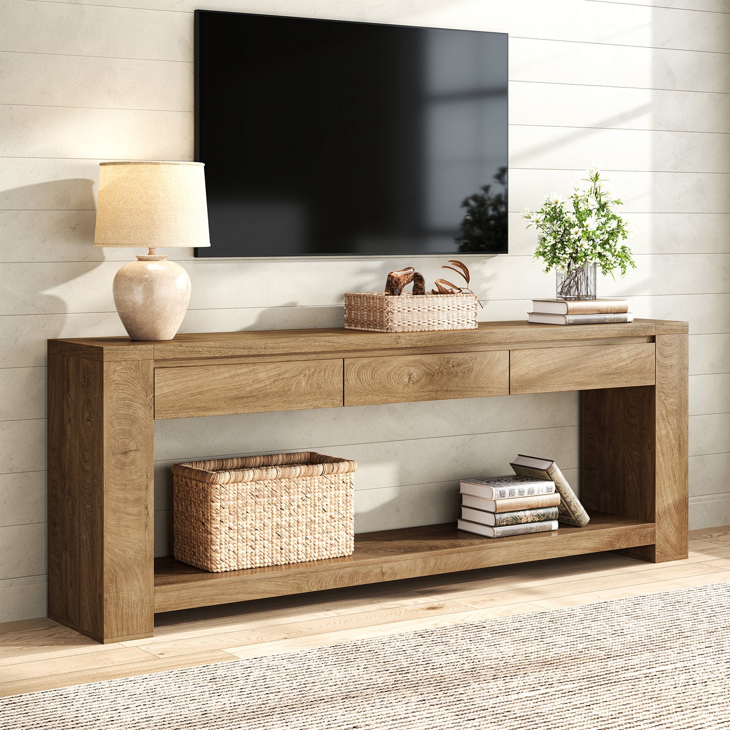 78 Inch Extra Long Console Table with Storage Drawer and Open Shelf | 3 Storage Drawers | Open Shelf | Natural Oak Brown | Farmhouse Entryway Table | Behind Sofa | Entrance, Hallway, Living Room