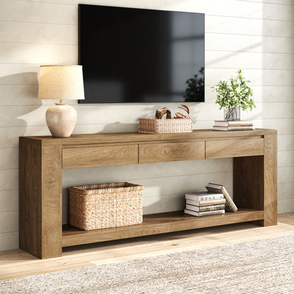 78 Inch Extra Long Console Table with Storage Drawer and Open Shelf | 3 Storage Drawers | Open Shelf | Natural Oak Brown | Farmhouse Entryway Table | Behind Sofa | Entrance, Hallway, Living Room