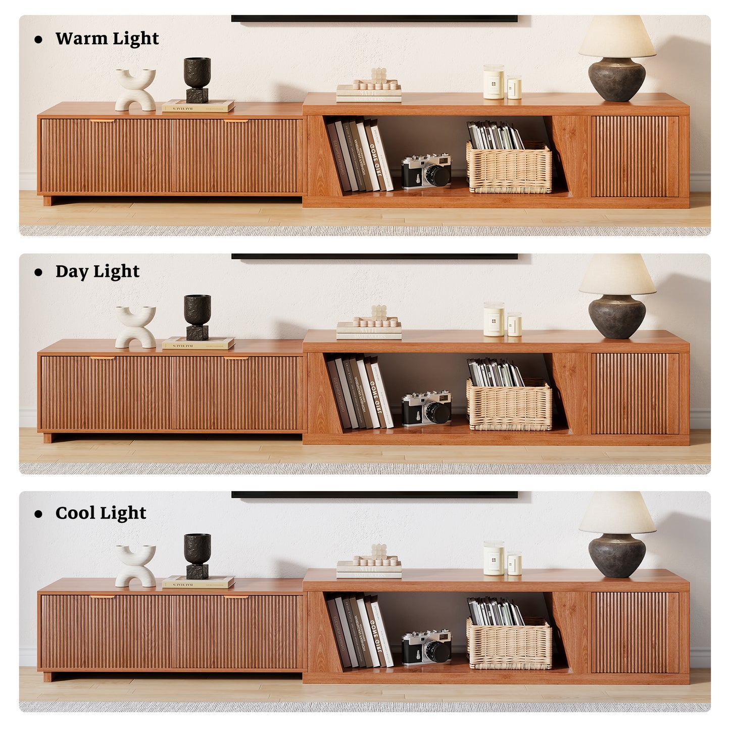 Epecoya Extendable TV Stand with Storage Cabinet Wooden, Mid Century Modern TV Stand with Adjustable Shelf and Drawers, Extra Long TV Stands for Living Room Fluted, Warm Brown Oak (64.57" W-98.43" W)