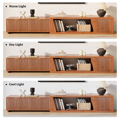 Epecoya Extendable TV Stand with Storage Cabinet Wooden, Mid Century Modern TV Stand with Adjustable Shelf and Drawers, Extra Long TV Stands for Living Room Fluted, Warm Brown Oak (64.57" W-98.43" W)