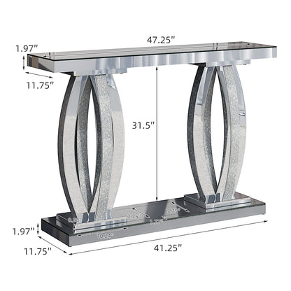 47-Inch Modern Mirrored Console Table with Crushed Diamond Finish for Living Room Entryway, Contemporary Mirror Sofa Tables with Silver Glass Top for Hallway Behind Couch, Silver