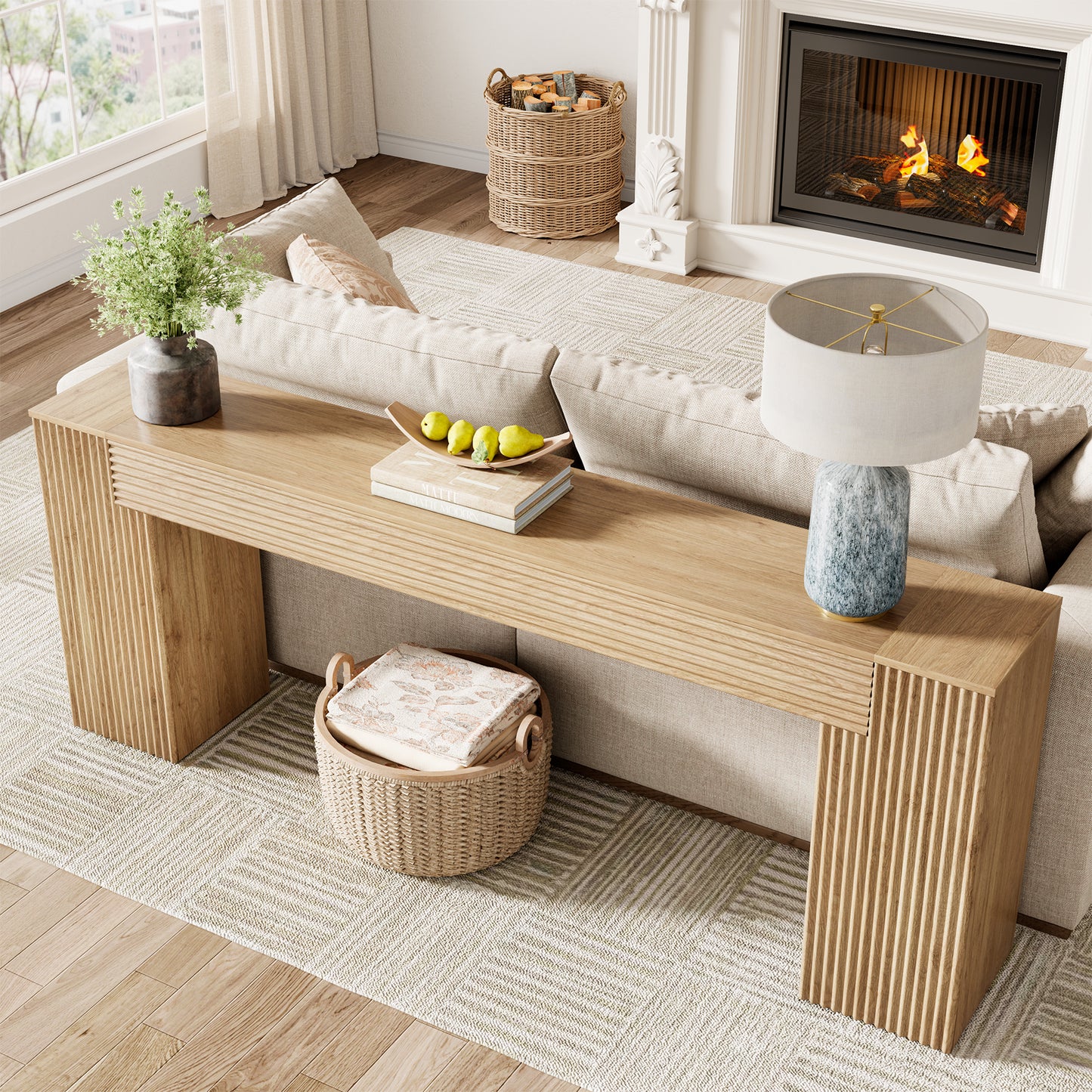 Extra Long Console Table 82 Inch, Wooden Sofa Table, Entryway Table | Wavy Textured Design | Light Oak Brown | Farmhouse Natural Wood Finish | Behind Couch | Living Room, Entrance, Hallway
