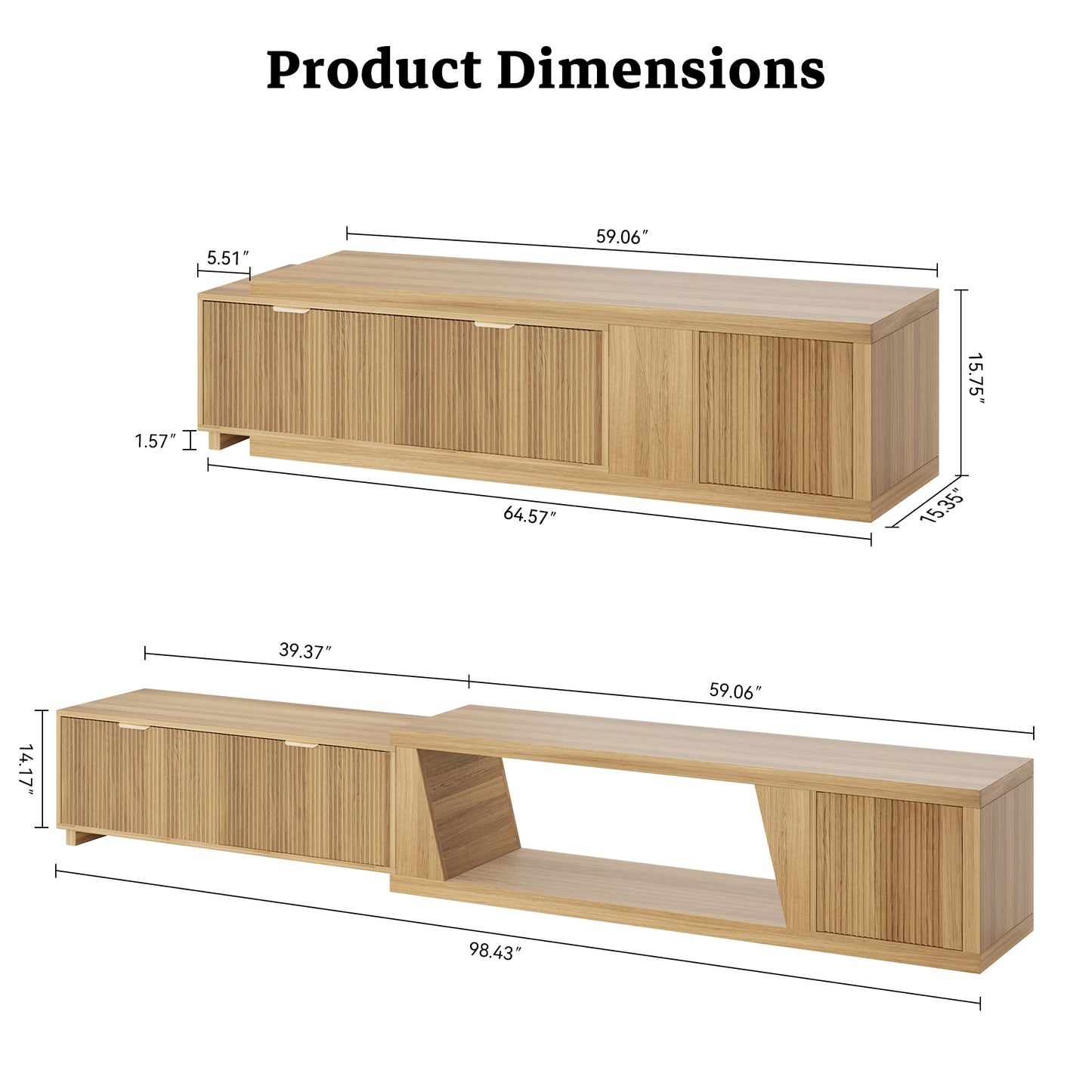 Extendable TV Console Large 64.57-98.43 Inch, Extra Long TV Stands for Living Room Flutted, Modern Oak TV Stand with 2 Drawers & Open Shelf, Light Oak