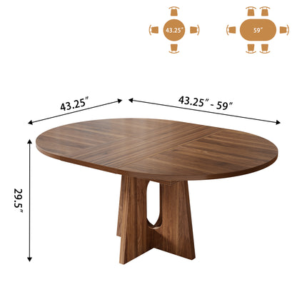 59-Inch Extendable Round Dining Table for Dining Room, 4-6 People Farmhouse Oval Wood Expandable Kitchen Dinner Table with Heavy Cross Pedestal for Living Room, Apartment, Dark Brown Walnut