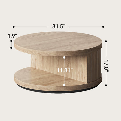 31-Inch Round Coffee Tables for Living Room, Wood Center Tea Tables with Open Shelf, Aesthetics Fluted Circle Coffee Table with Storage for Home Office, Natural Oak Brown
