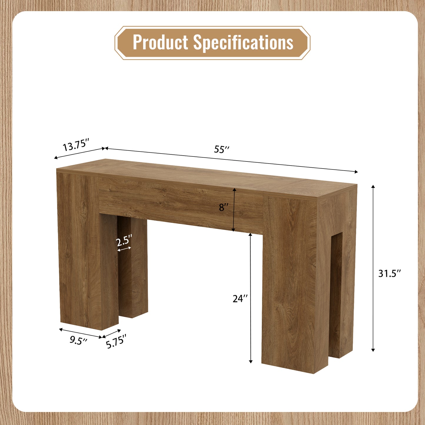 Epecoya 55-Inch Long Sofa Console Table for Entryway Living Room, Farmhouse Wood Behind Couch Table, Rectangular Accent Console with Wooden Double Base for Hallway Foyer Entrance, Natural Oak Brown