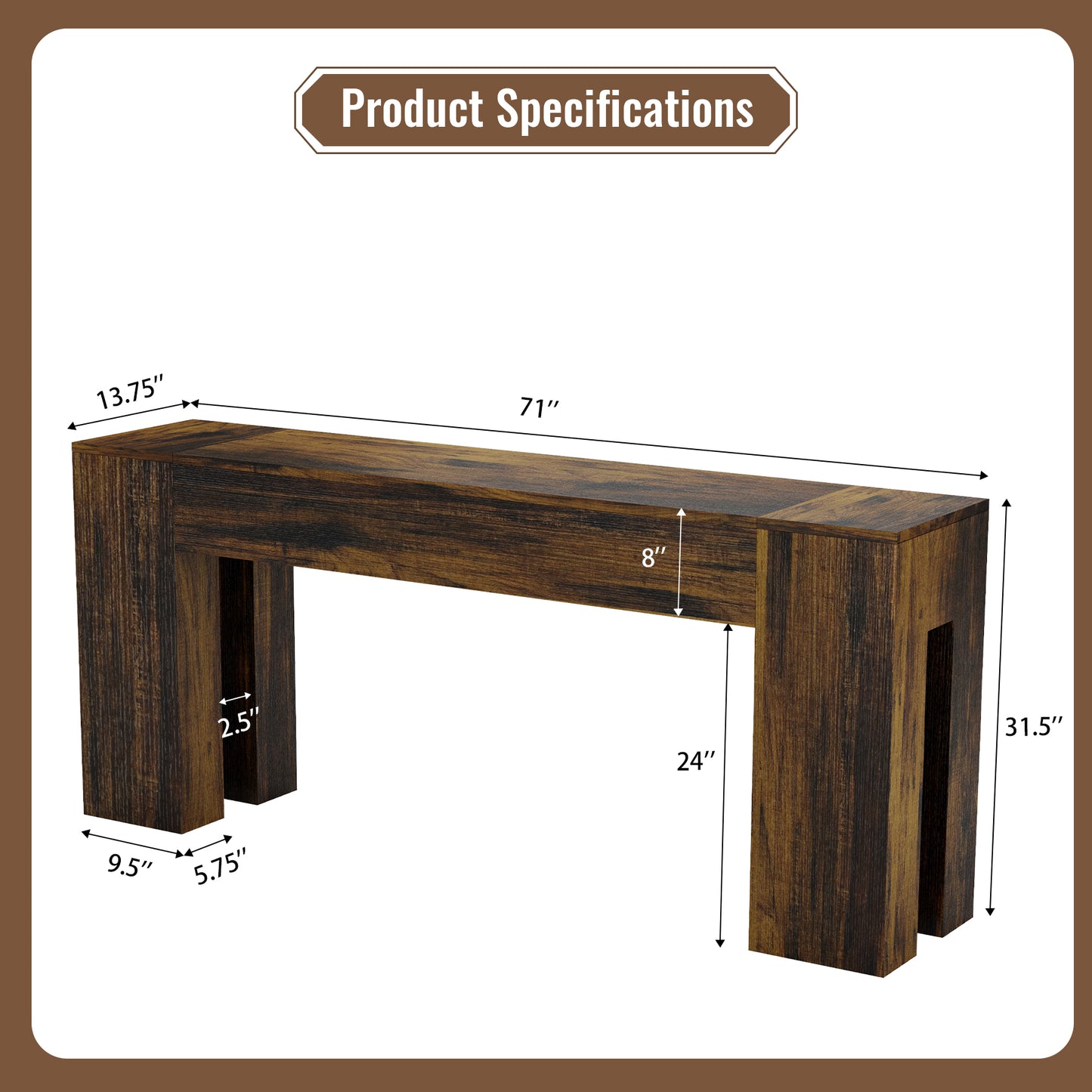 Epecoya Extra Long Sofa Console Table for Entryway Living Room, 71-Inch Farmhouse Wood Behind Couch Table, Rectangular Accent Console with Wooden Double Base for Hallway Foyer Entrance, Rustic Brown