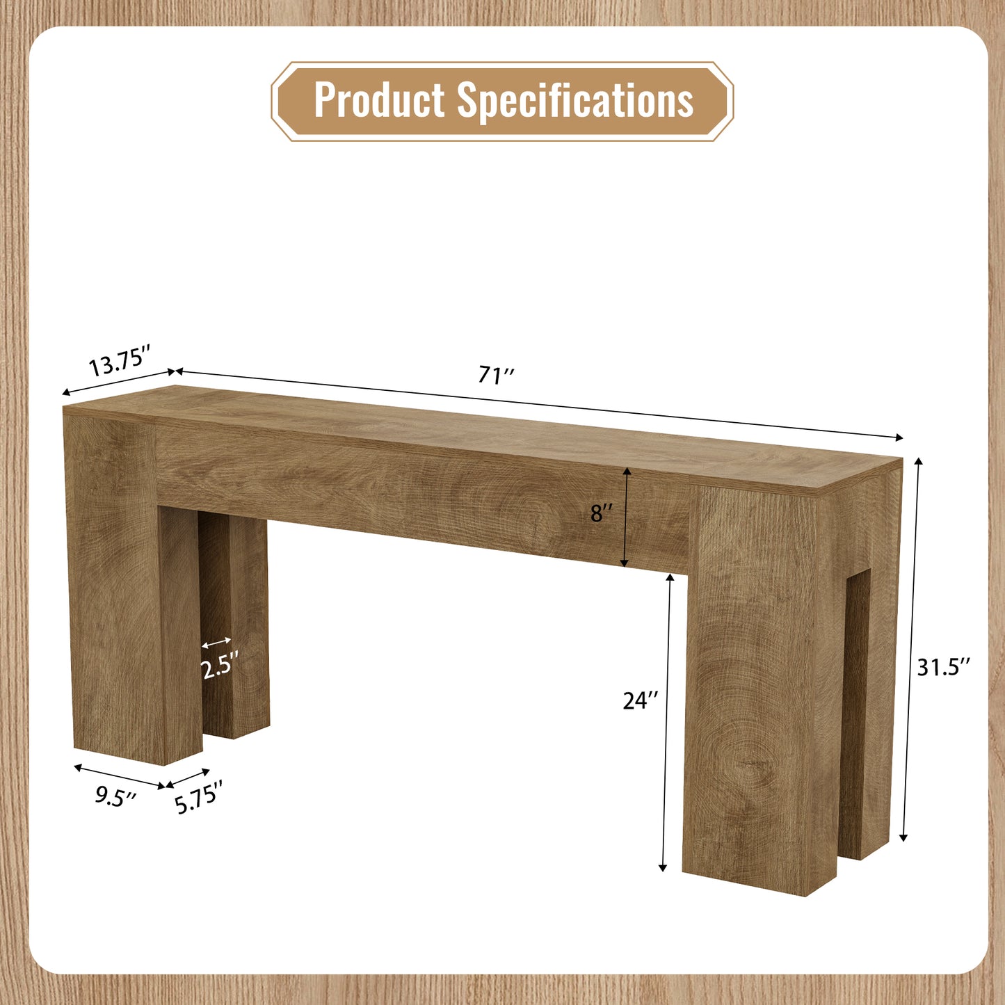 Epecoya Extra Long Sofa Console Table for Entryway Living Room, 71-Inch Farmhouse Wood Behind Couch Table, Rectangular Accent Console with Wooden Double Base for Hallway Foyer Entrance, Natural Oak