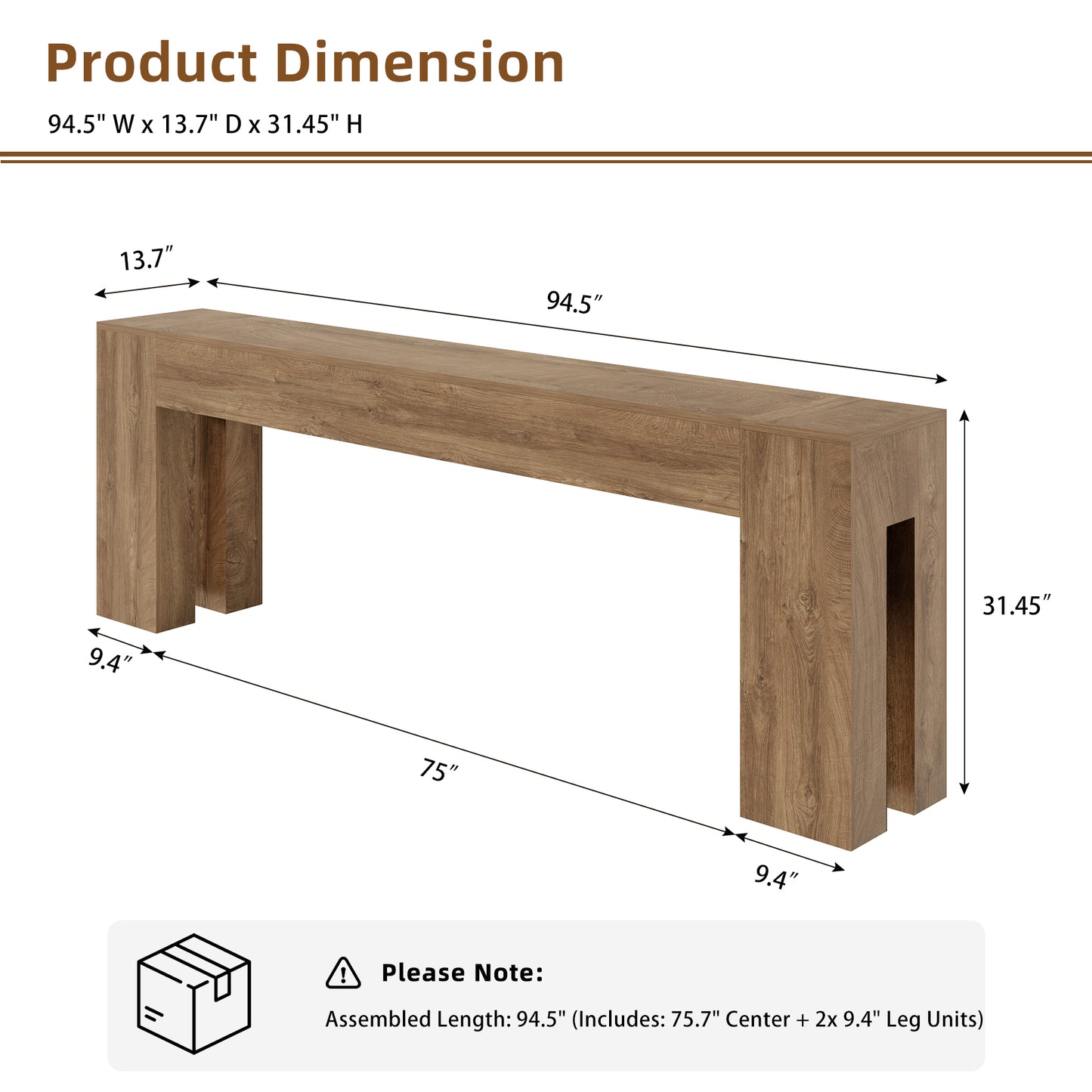 94.5 Inch Extra Long Console Table, Farmhouse Large Wooden Entryway Table, Long Sofa Table Behind Couch for Spacious Living Room Hallway, Natural Oak Brown