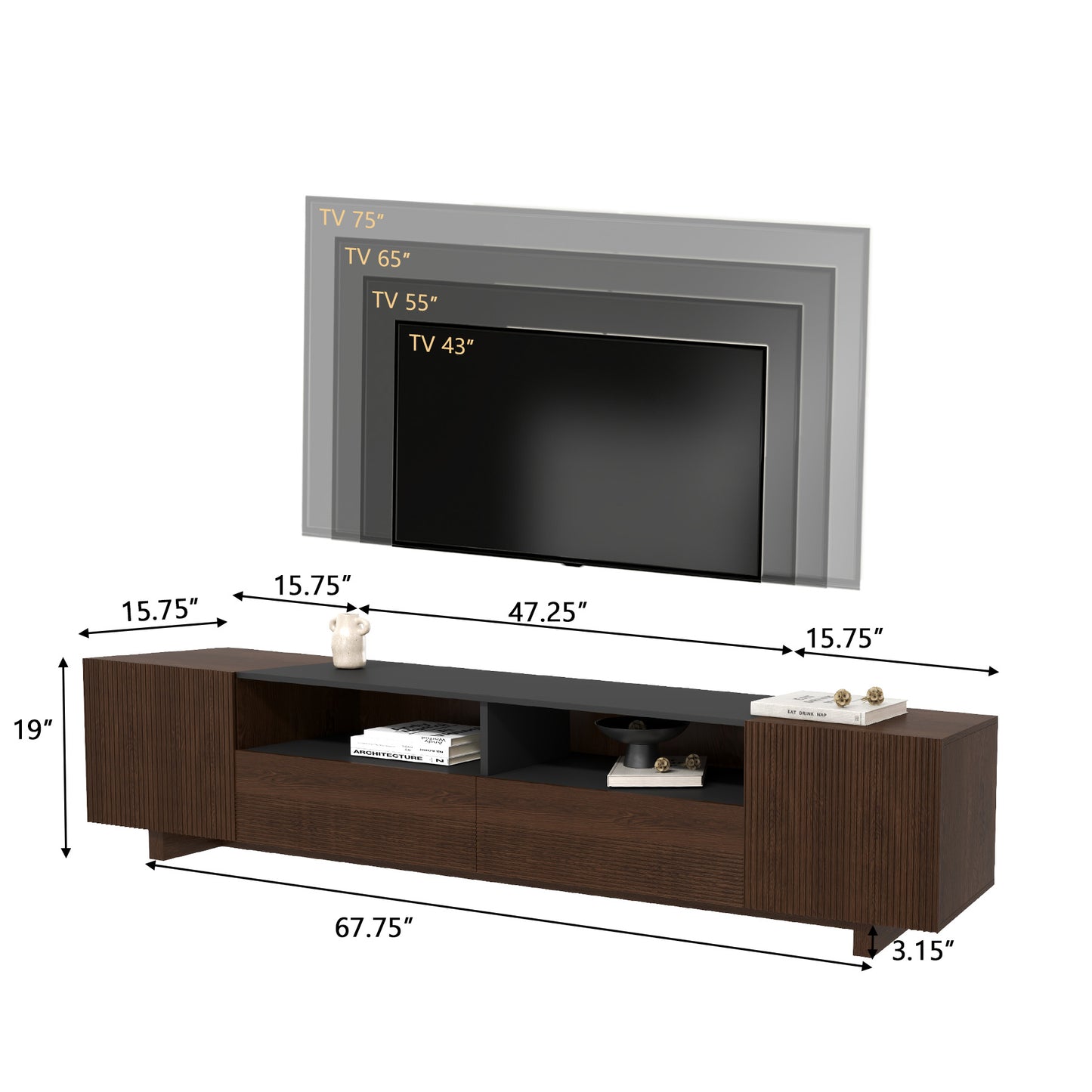 78.8 Inch TV Stand with Storage Cabinets for Living Room, TVs Media Console Entertainment Center with Drawers, Wood Fluted Television Stands with Open Shelves for Bedroom, Dark Brown Walnut