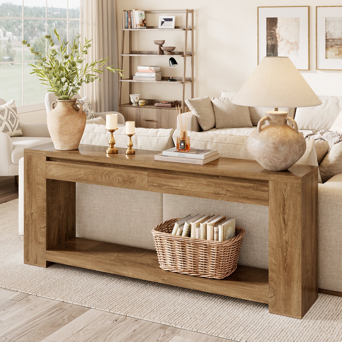 Extra Long Console Table 78 Inch, Sofa Table with Drawers and Shelf | 2 Storage Drawers | Open Shelf | Oak Brown | Farmhouse Sofa Table | Modern Entryway Table | Living Room, Entryway, Hallway