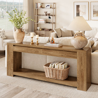 Extra Long Console Table 78 Inch, Sofa Table with Drawers and Shelf | 2 Storage Drawers | Open Shelf | Oak Brown | Farmhouse Sofa Table | Modern Entryway Table | Living Room, Entryway, Hallway
