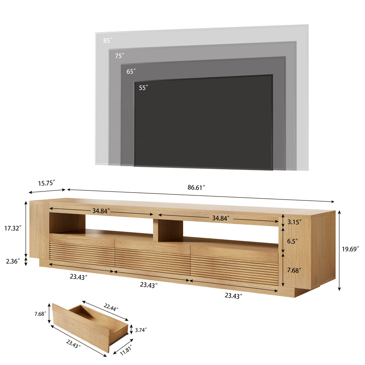 86-in Fluted TV Stand for Living Room with LED Lights, Light Oak Modern Media Console with 3 Drawers & Open Shelves, Large Entertainment Center for TVs up to 85 In for Living Room