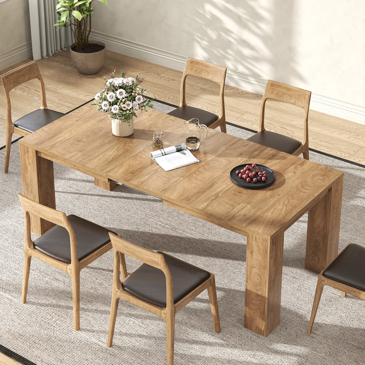 Extendable Dining Tables for 4-10, Modern Farmhouse Kitchen Table 55"-87" Expandable Rectangular Dining Table with 2 Leaves, Transformer Dinner Tables for Living Room, Natural Oak Brown