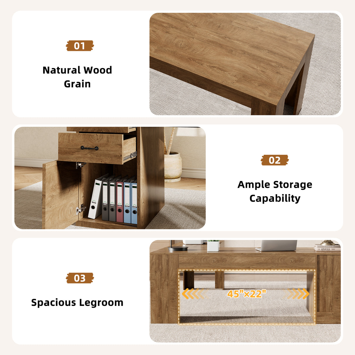 83" Farmhouse L Shaped Office Desk with Cabinet & Drawer, Oak Brown Wood Executive Computer Desk with Spacious Storage, Large Corner Workstation Ideal for Home Office