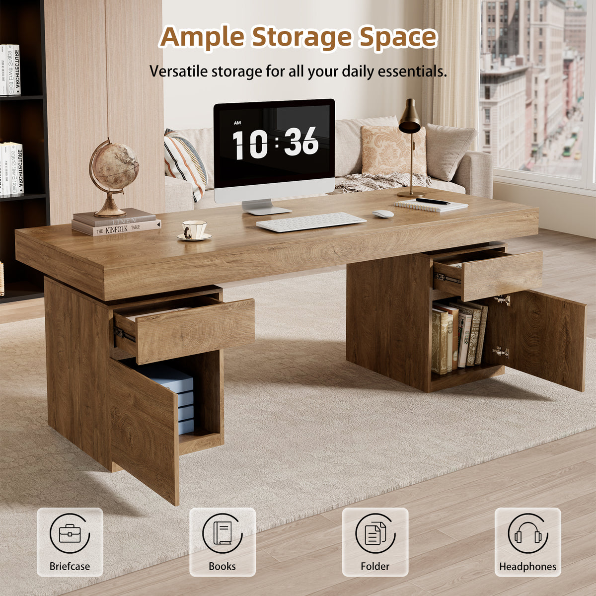 71-Inch Wood Executive Desk with Storage, Home Office Desk Large Computer Desk with Drawers & Cabinets, Farmhouse Writing Table for Work, Study, Business Workstation, Natural Oak Brown